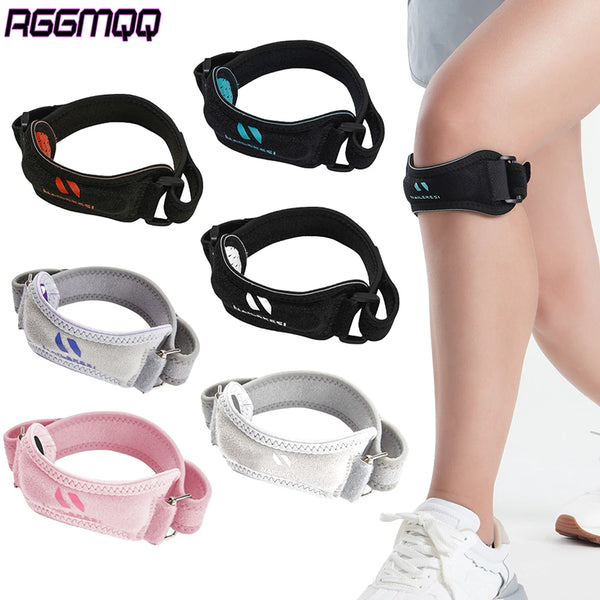 Various adjustable knee straps and braces for support shown on a leg.