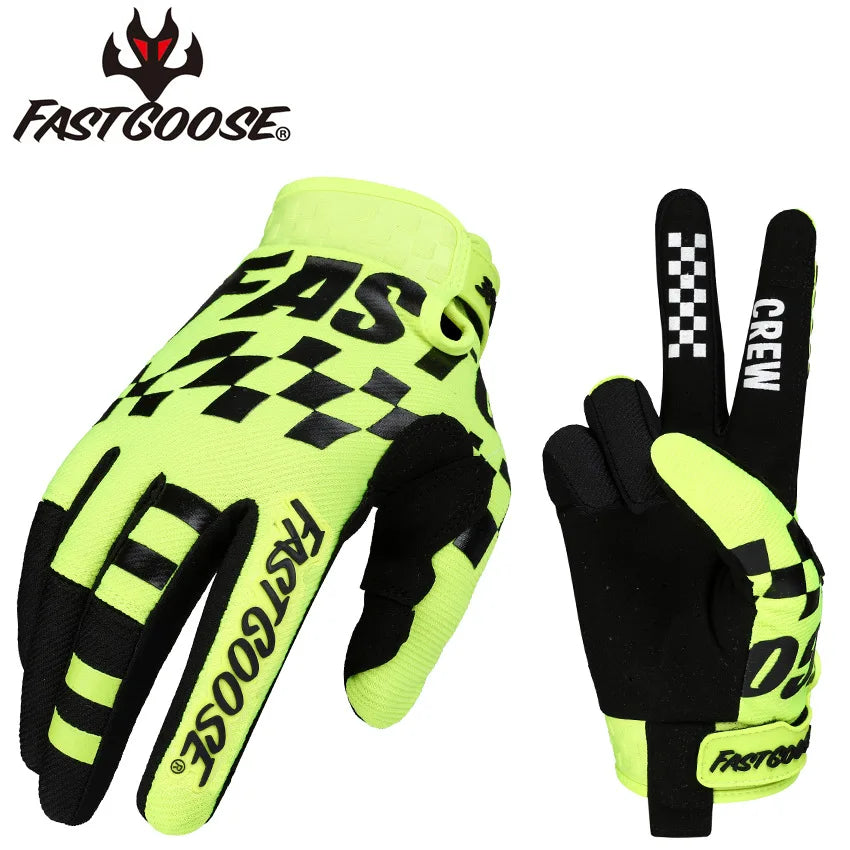 A pair of neon yellow cycling gloves with black checkered accents shown in a close-up view.