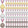 A collection of gold, silver, and bronze award medals with red, white, and blue ribbons arranged in rows.