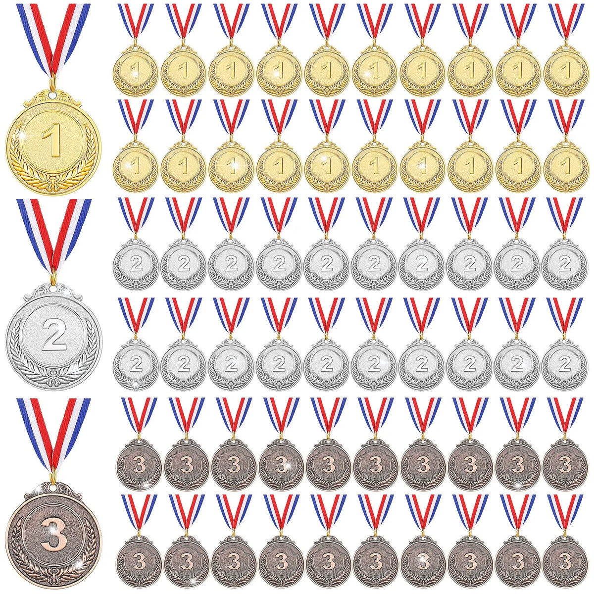 A collection of gold, silver, and bronze award medals with red, white, and blue ribbons arranged in rows.
