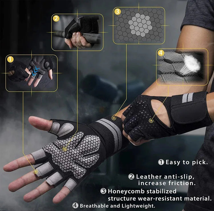 Close-up of black cycling gloves demonstrating features like anti-slip grip and honeycomb structure.