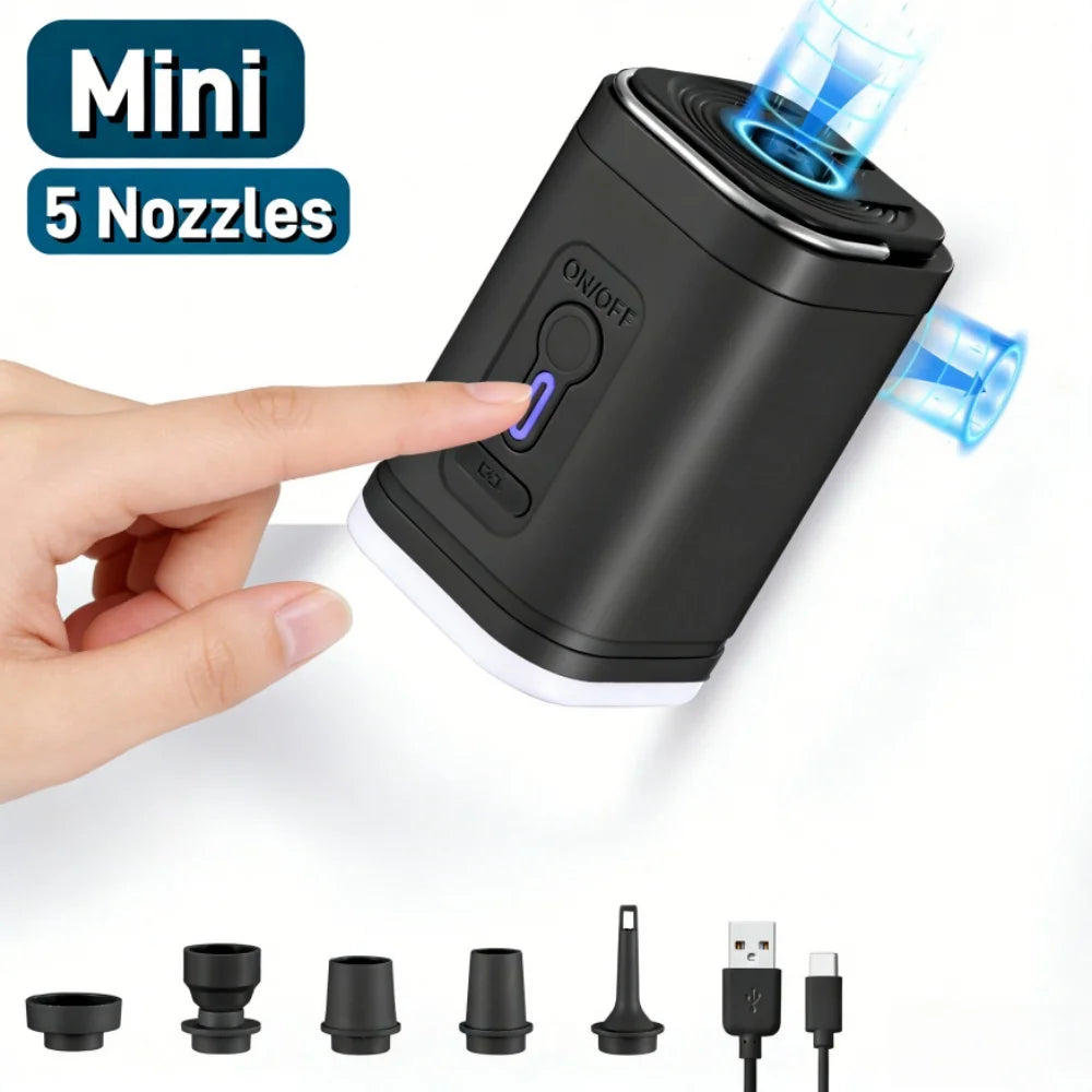 Eine Hand bedient eine schwarze portable elektrische Luftpumpe mit fünf Düsen, die verschiedene Inflationstips zeigt.