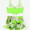 Neon lime green floral print two-piece high-waist bikini set with thin straps