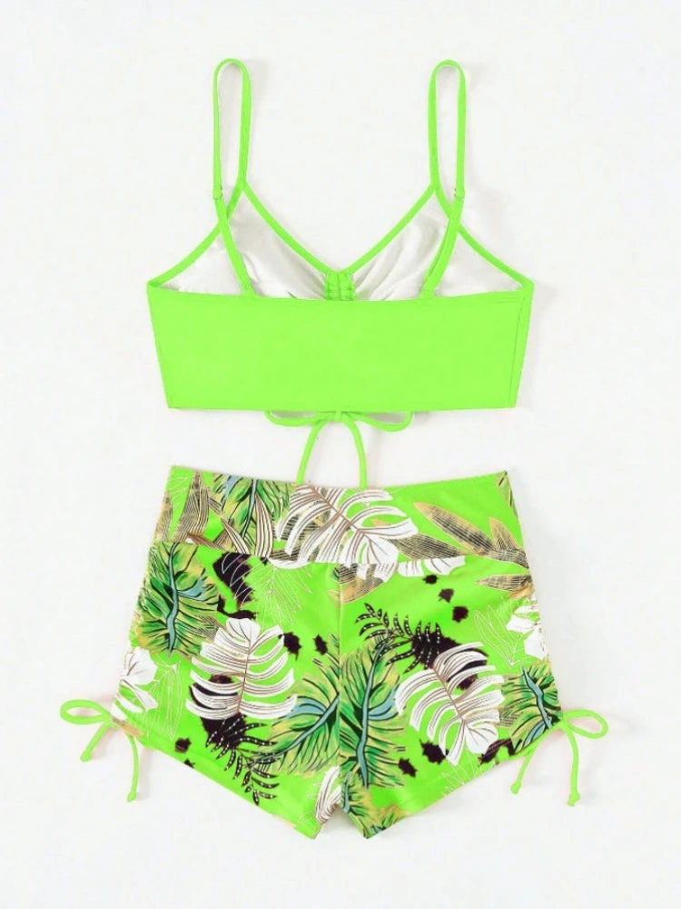 Neon lime green floral print two-piece high-waist bikini set with thin straps