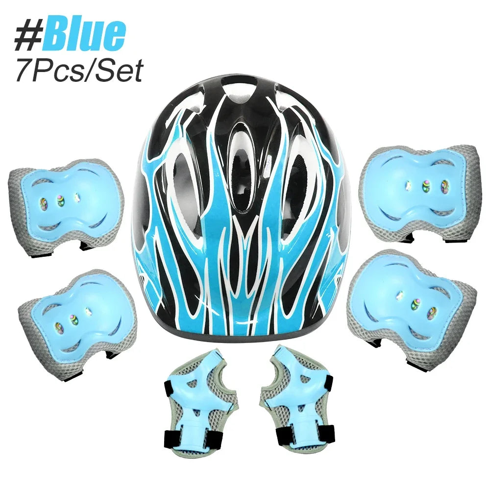 A set of blue and black protective gear including a helmet, knee pads, and wrist guards for skating.