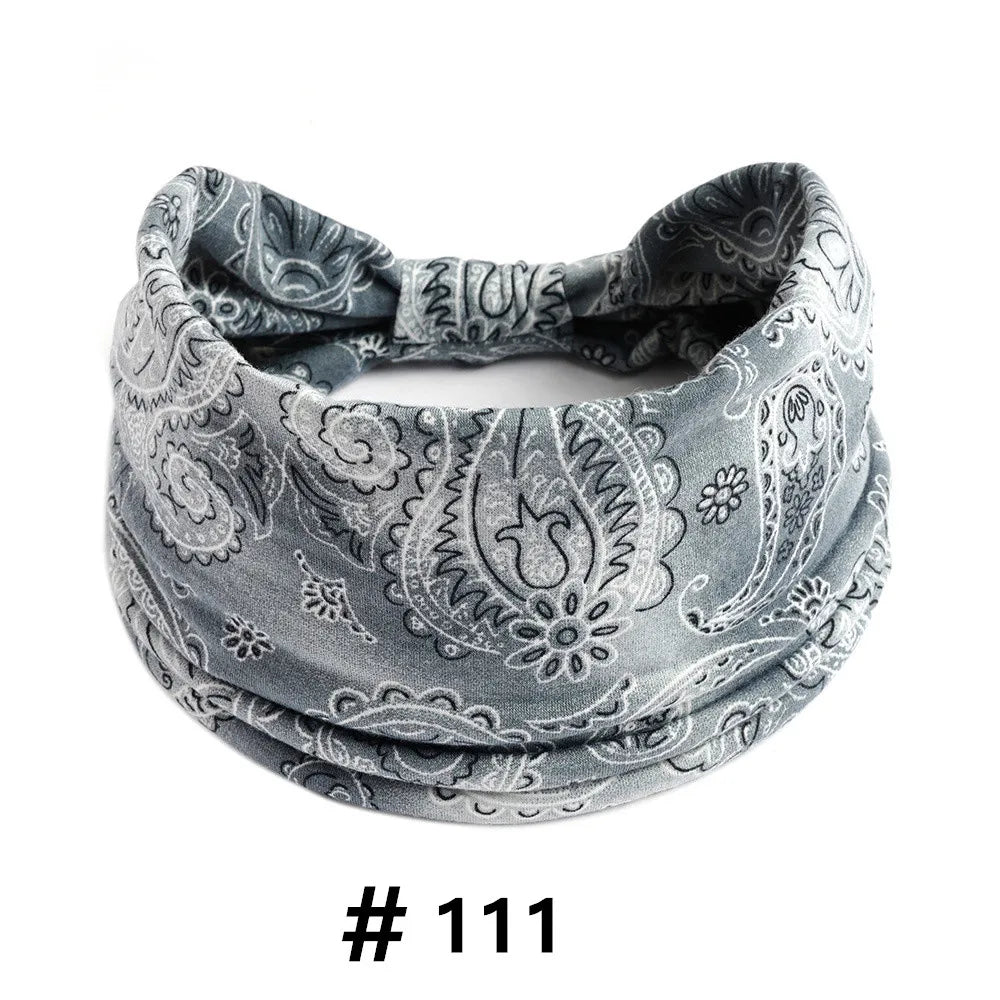 Gray boho print cotton headband tied in a knot