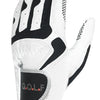 A white golf glove with black accents and perforated fingers is shown against a white background.