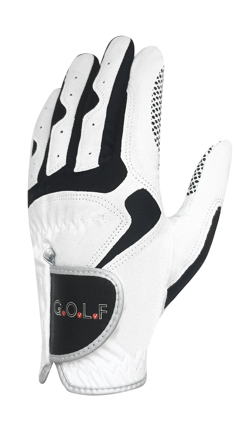 A white golf glove with black accents and perforated fingers is shown against a white background.