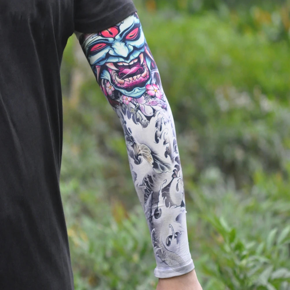Close-up of a person wearing vibrant, colorful ice silk tattoo sleeves for sun protection.