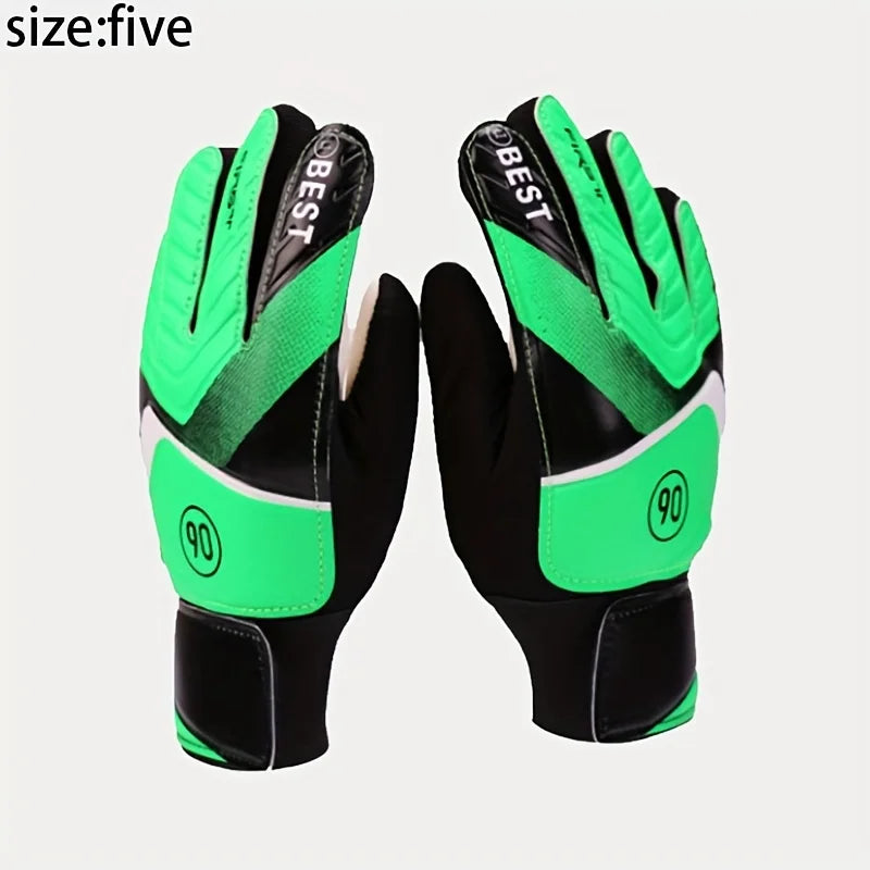 A pair of bright green and black latex goalkeeper football gloves shown against a light background.