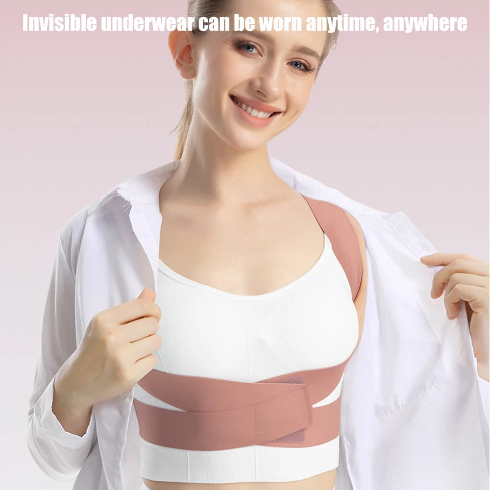 A woman wearing a white top and pink posture corrector back brace for spine and shoulder support.