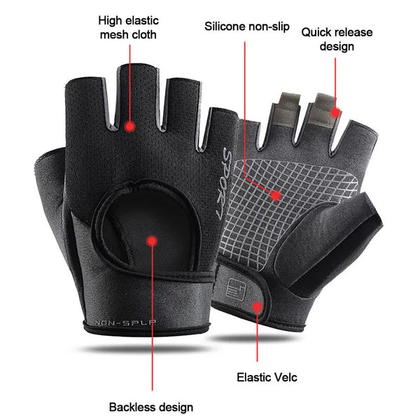 Black sports gloves with a non-slip silicone grip and elastic velcro for cycling and fitness.