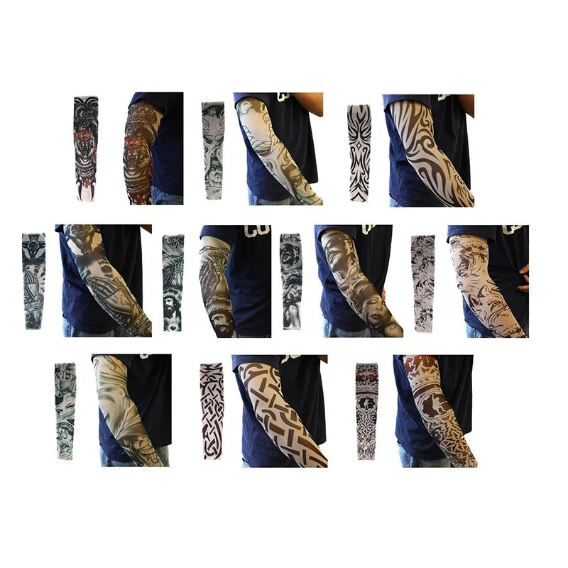 A collection of long seamless tattoo sleeves in various designs and colors worn on arms.