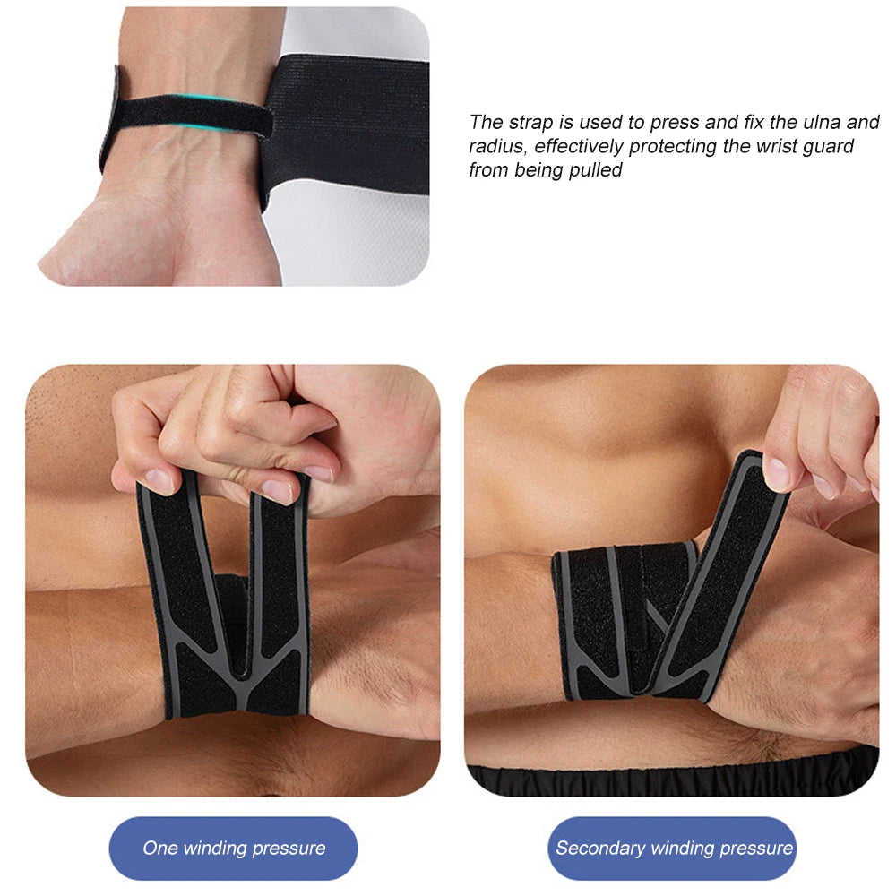 Demonstration of a wrist guard strap used to press and fix the ulna and radius for protection.
