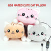 Three cute cat pillows in pink, orange, and gray are shown with attached USB cables.