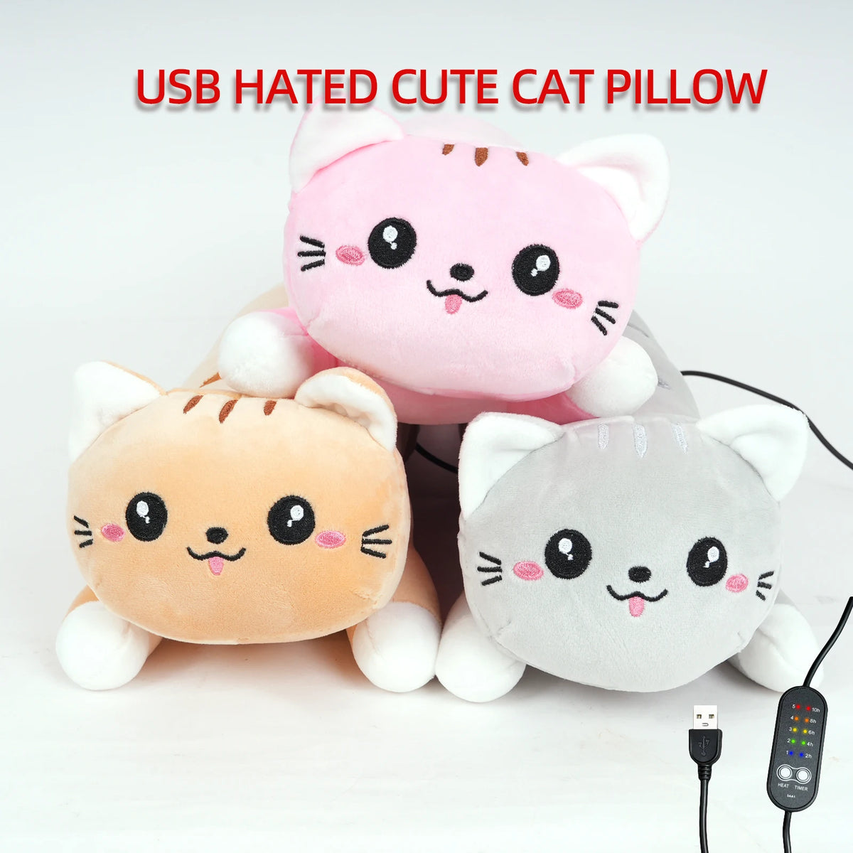 Three cute cat pillows in pink, orange, and gray are shown with attached USB cables.