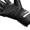 Black latex goalkeeper gloves with a wrist strap shown in a close-up view.
