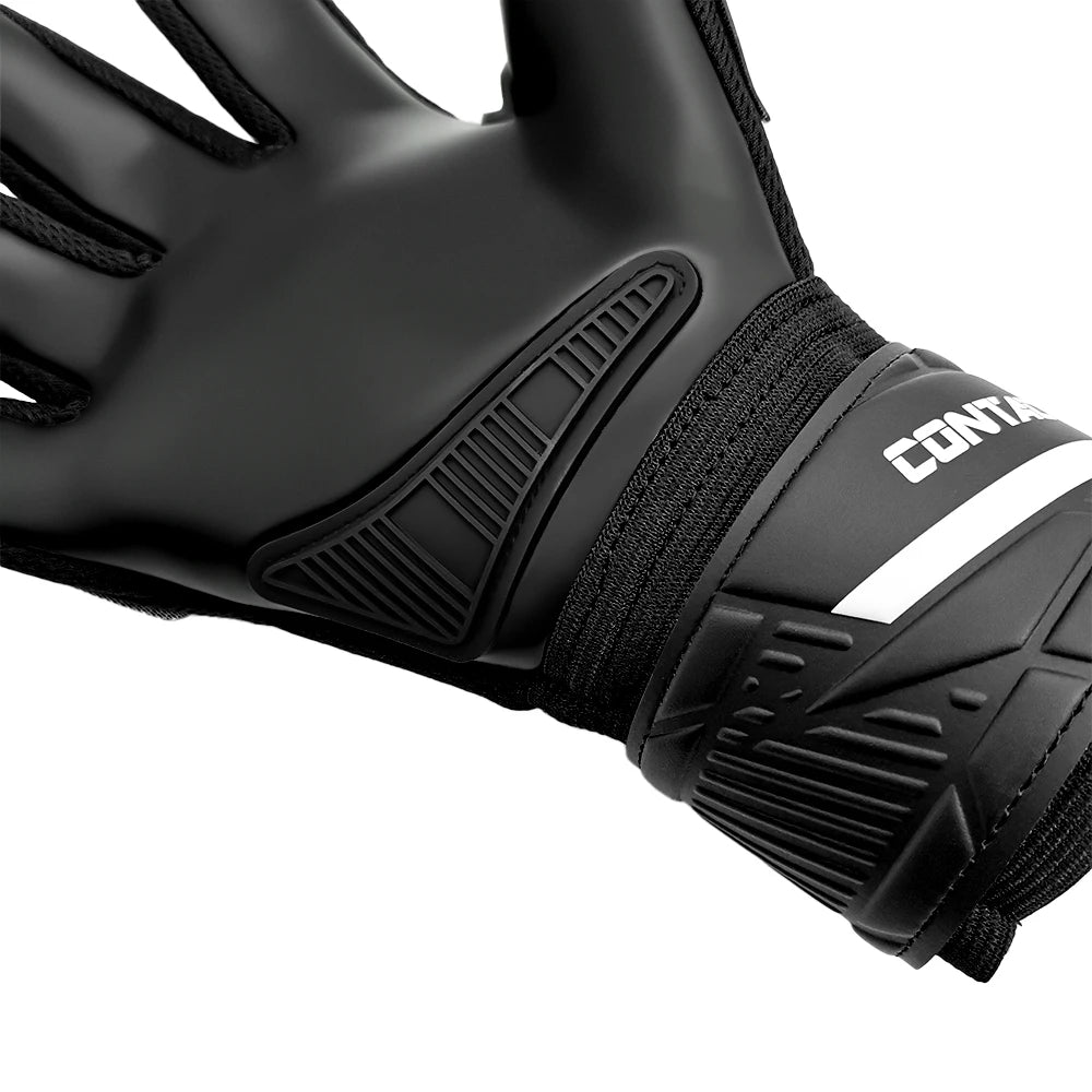 Black latex goalkeeper gloves with a wrist strap shown in a close-up view.