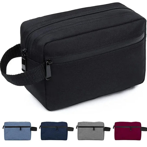 Black waterproof cosmetic and travel pouch with a black strap shown in various colors.
