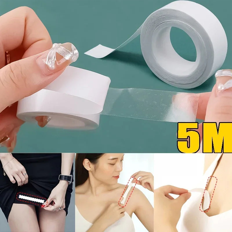 Close-up of invisible double-sided fashion tape being applied to skin and fabric.