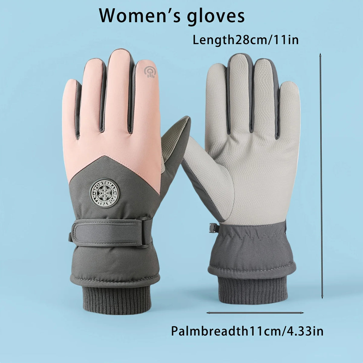 A pair of women's light pink and gray insulated touchscreen windproof winter gloves shown with measurements.
