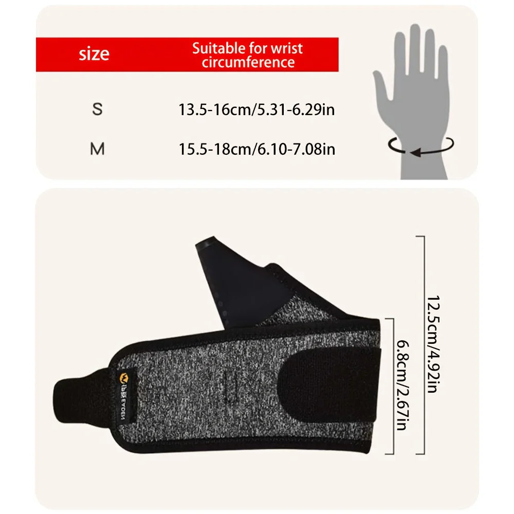 A black compression wristband shown flat, with size guidelines for S and M wrists.