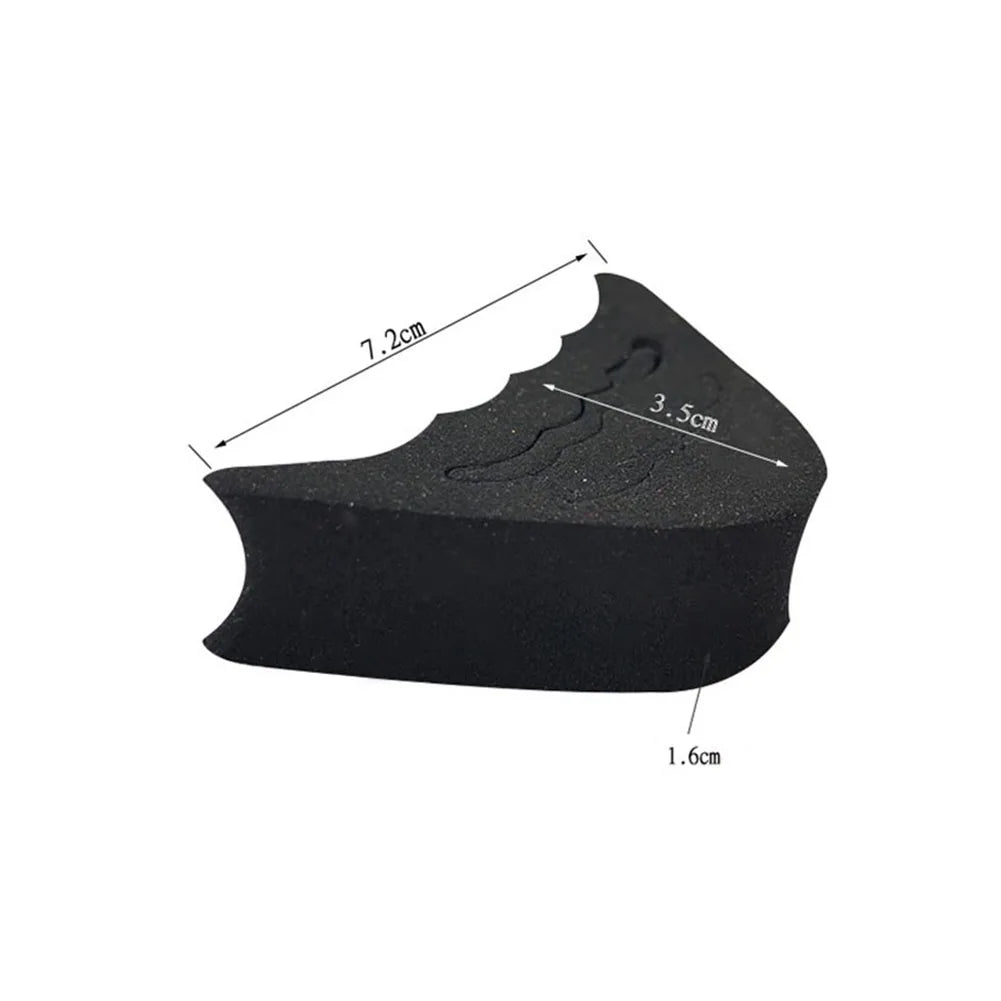 A black adjustable EVA foot pad designed for heels and shoes, showing its dimensions.