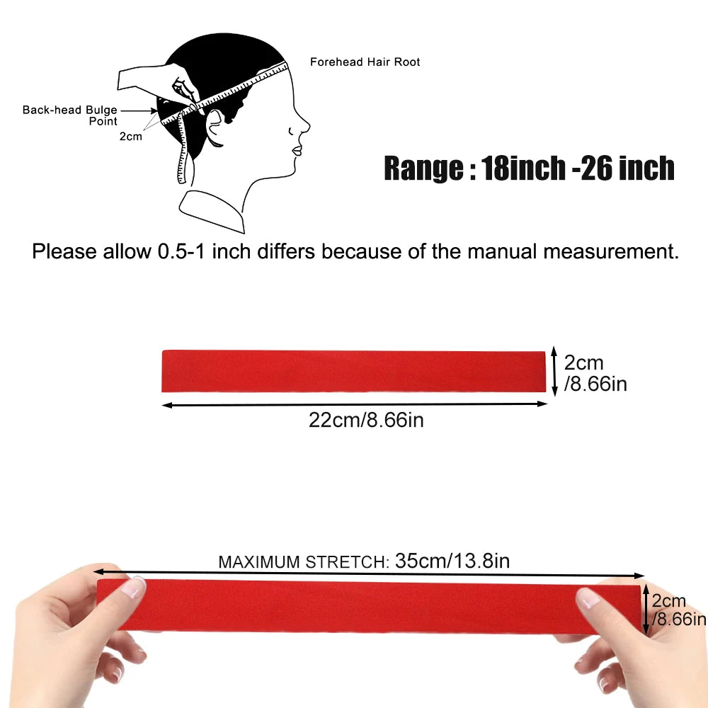 A red anti-slip sports headband is shown with measurements and stretch capacity.