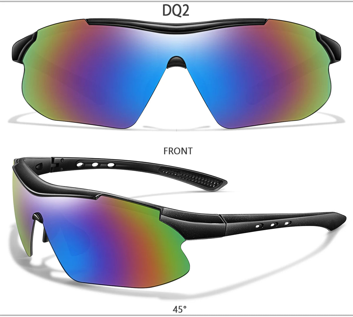 Lunettes de soleil sportives avec lentille dégradée bleu, violet et orange, vue de face en angle de 45 degrés