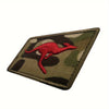 An embroidered patch featuring a red kangaroo silhouette on a camouflage background.