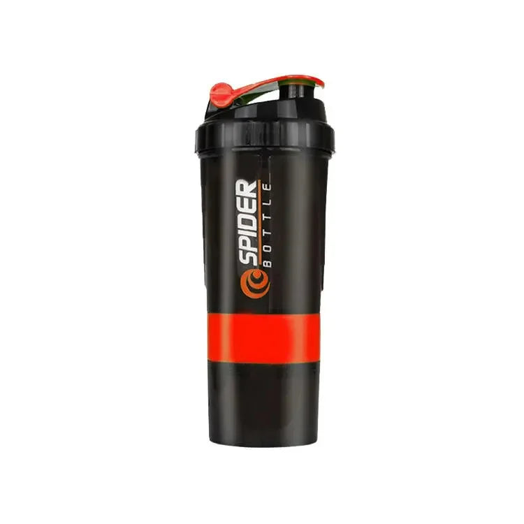 Black leak-proof protein shaker bottle with a red cap and orange accent stripe.