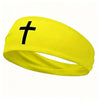 Yellow athletic sweat headband with a black cross design