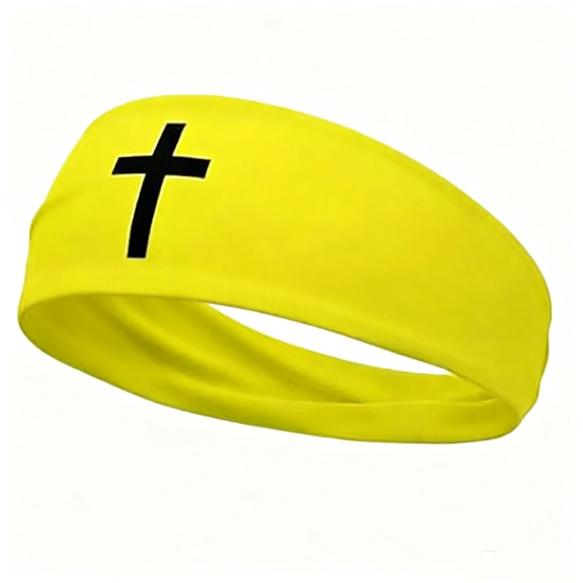 Yellow athletic sweat headband with a black cross design