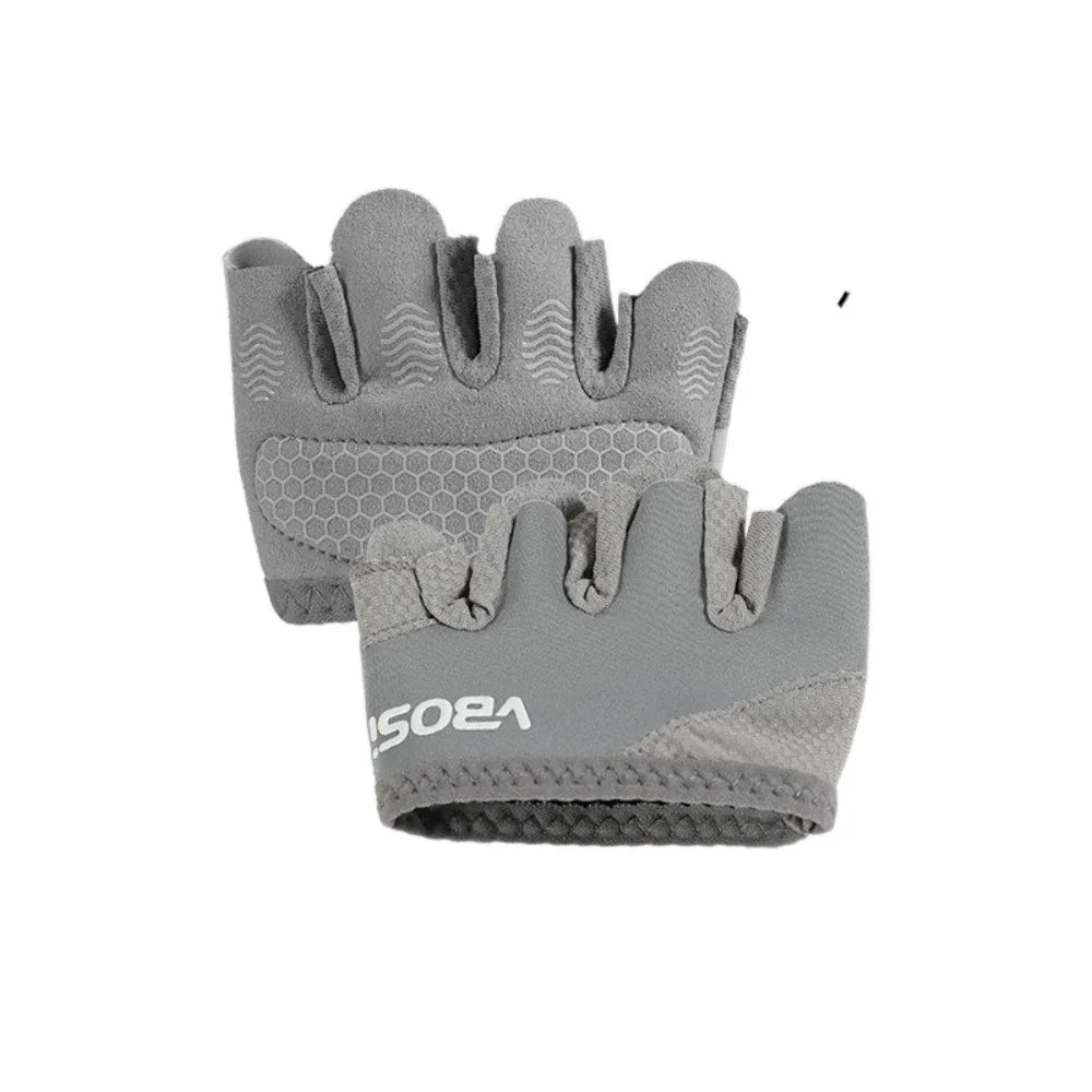 Gray ergonomic anti-slip gym lifting gloves shown from the palm view.