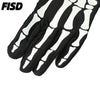 A close-up view of a black tactical grip glove with white segmented palm pads.
