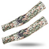 A pair of camouflage tactical arm sleeves featuring a multi-tone green and brown pattern.