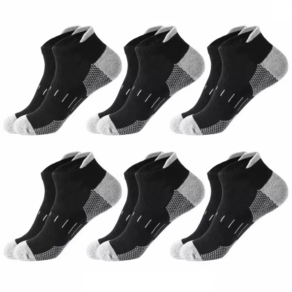A pack of six athletic mesh ankle socks in black and gray patterns.