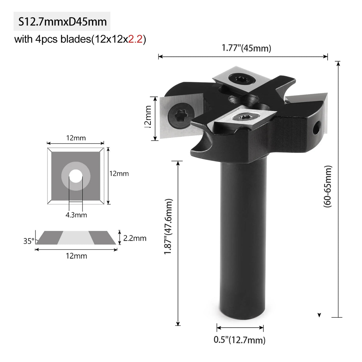 A black precision wood milling router bit set with four blades and a mounting post.