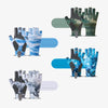 Collection de gants de pêche à demi-doigt antidérapants dans diverses nuances de bleu et de gris.
