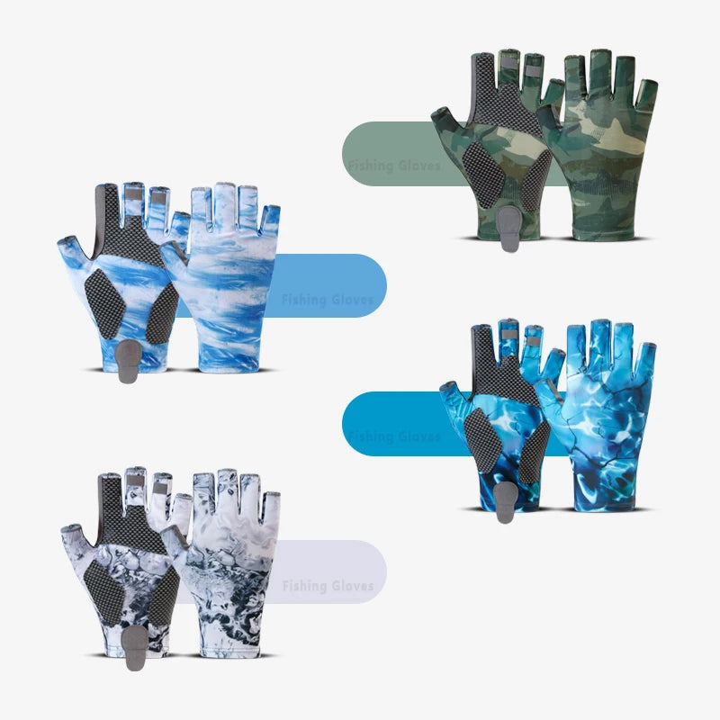 Collection de gants de pêche à demi-doigt antidérapants dans diverses nuances de bleu et de gris.