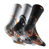 A set of three black athletic socks with orange and gray patterns shown from the side.