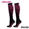 Pair of women's and men's sports compression socks in black with pink patterned accents