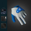 A close-up view of a blue and gray 3-finger snooker pool glove with a logo on the wrist.
