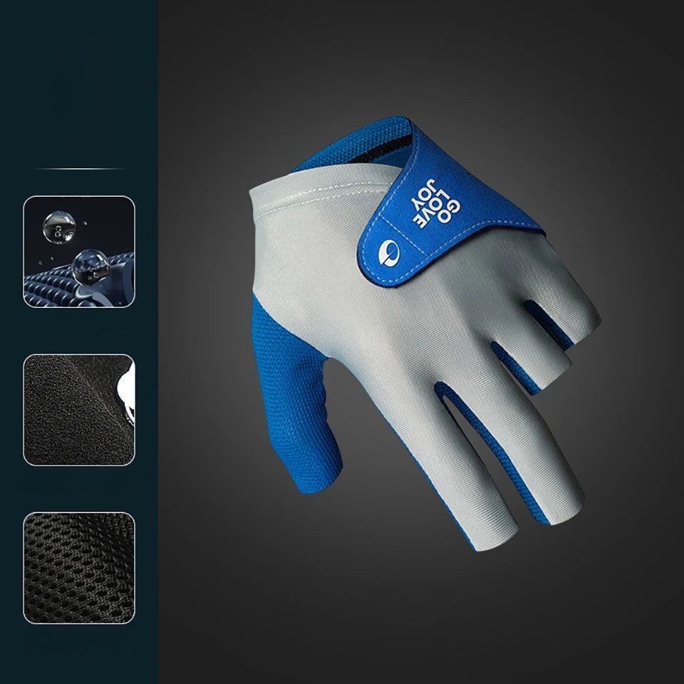 A close-up view of a blue and gray 3-finger snooker pool glove with a logo on the wrist.