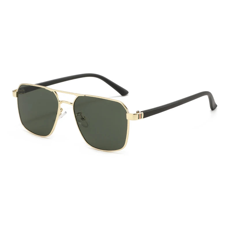 Gold-rimmed square sunglasses with dark green lenses and black arms
