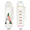 Front and back views of a white insulated 750ml straw tumbler for hydration with motivational text