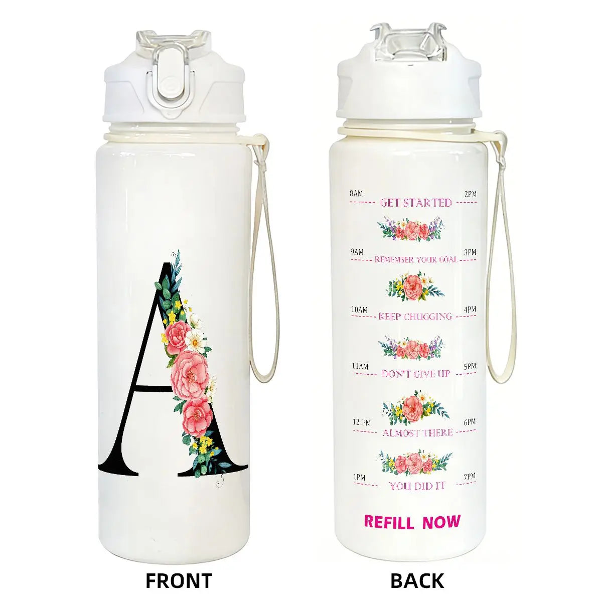 Front and back views of a white insulated 750ml straw tumbler for hydration with motivational text