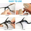 Step-by-step guide showing how to clean, tear off, align, and finish silicone anti-slip eyeglass nose pads.