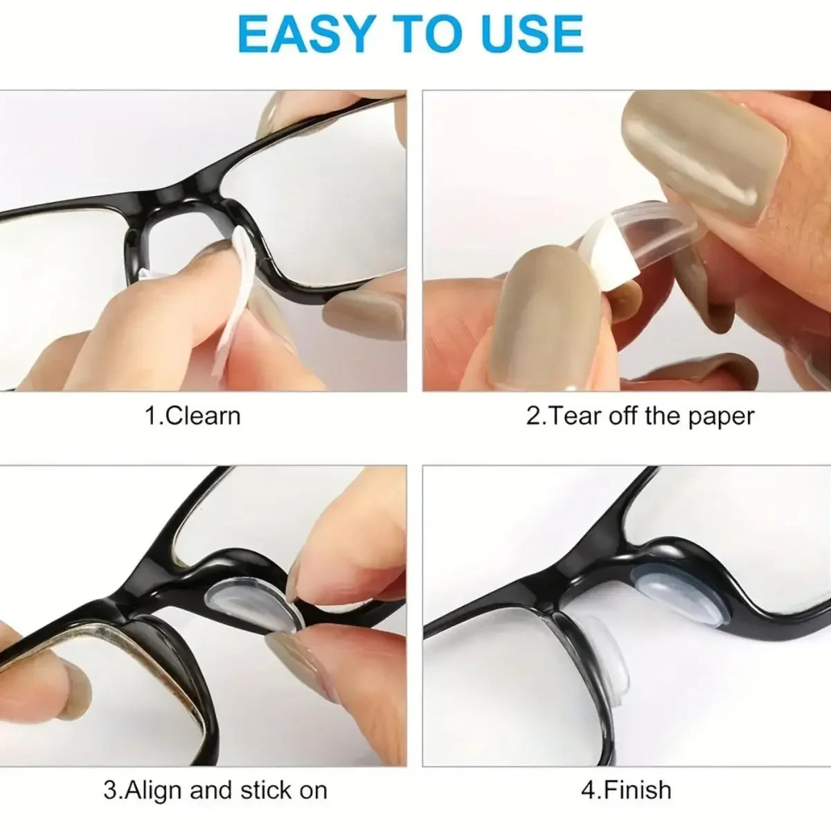 Step-by-step guide showing how to clean, tear off, align, and finish silicone anti-slip eyeglass nose pads.