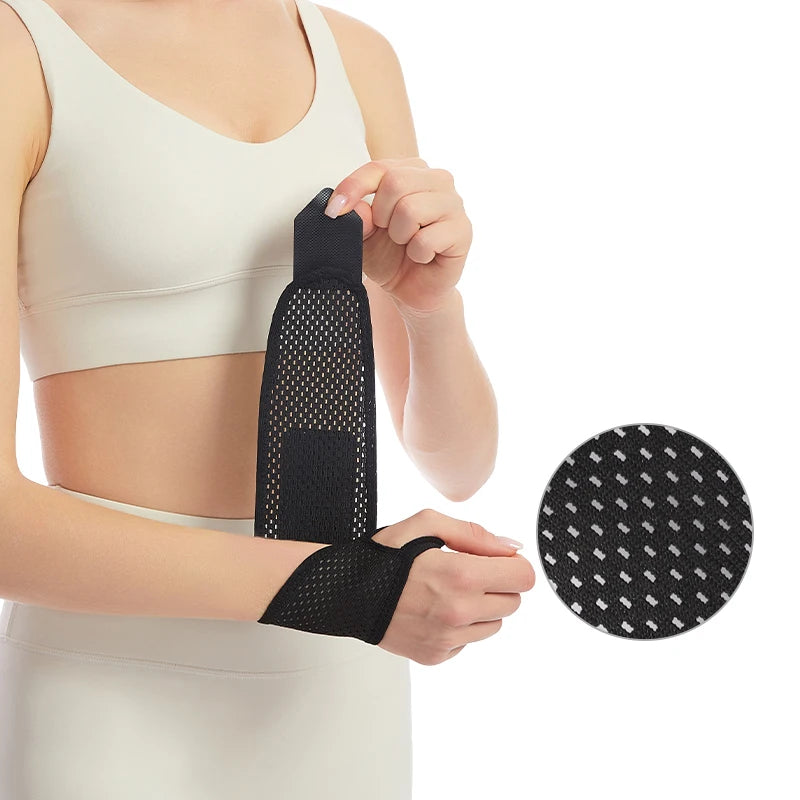 A person is demonstrating an adjustable wrist support brace for fitness, showing how to put it on.